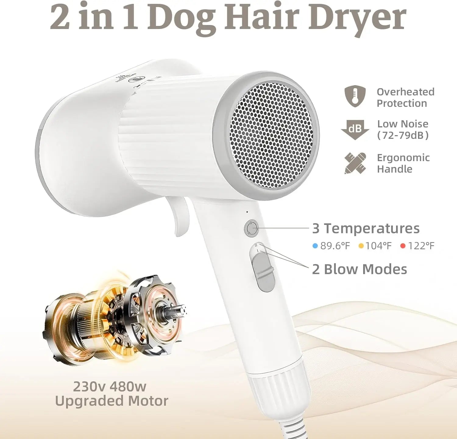 2-in-1 Pet Hair Dryer & Grooming Brush for Dogs and Cats, Adjustable Temperature/Speed, Portable Shedding Tool