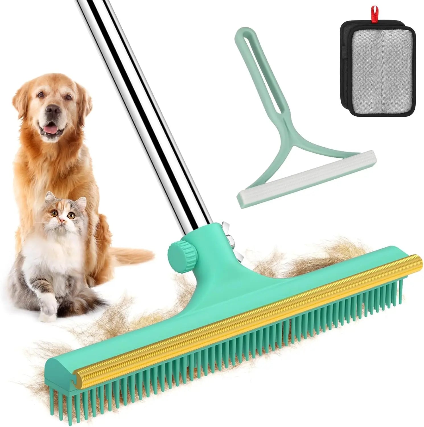 60" Adjustable Long Handle Carpet Rake for Pet Hair Removal, 3-in-1 Reusable Tool Kit for Carpets, Rugs, Mats