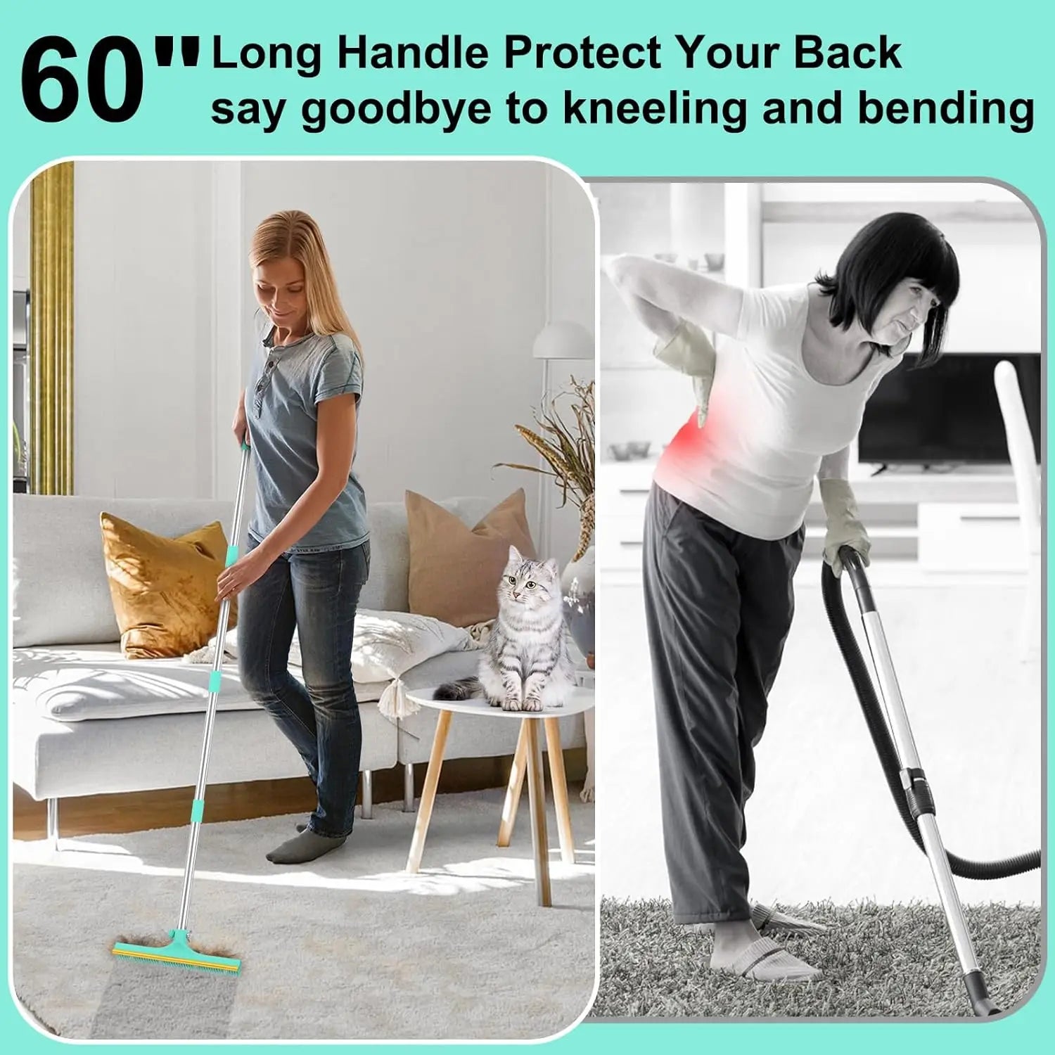 60" Adjustable Long Handle Carpet Rake for Pet Hair Removal, 3-in-1 Reusable Tool Kit for Carpets, Rugs, Mats